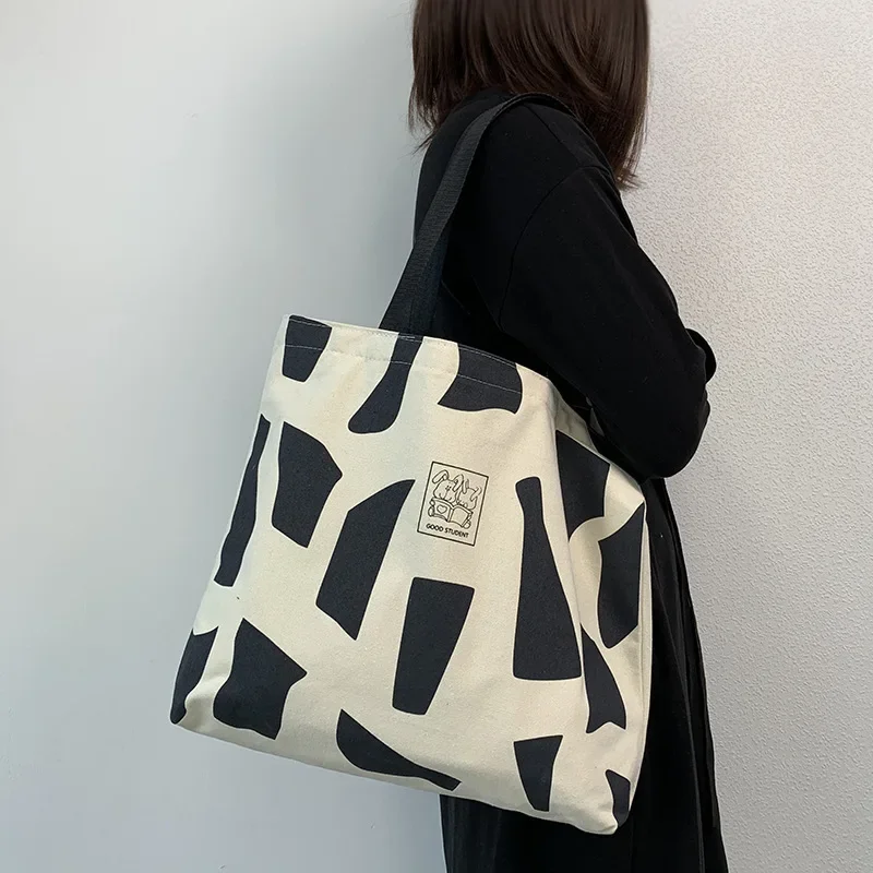 Women's Fashion Geometric Canvas One Shoulde Tote Bag College Student Load Books Korean Style Zipper Literary Tote Bag for Women