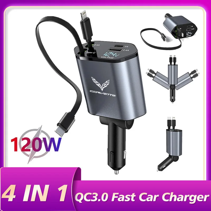 

Супер быстрый адаптер для автомобильного зарядного устройства iPhone Android 120 Вт, выдвижные кабели QC3.0 PD USB Type-C для Corvette C1 C2 C3 C4 C5 C5 C6 C7