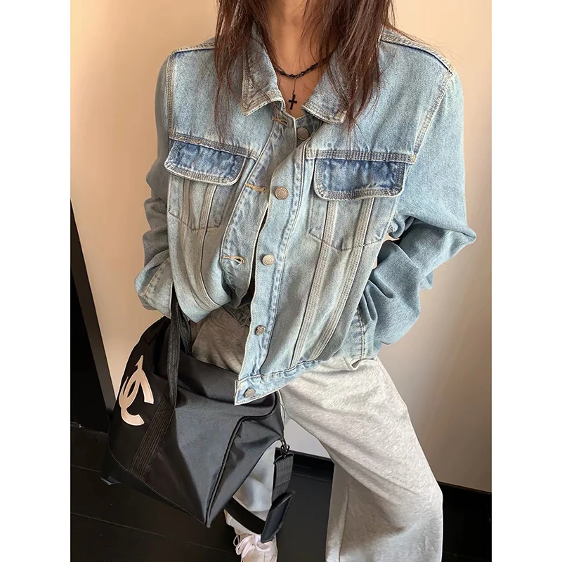YIBASHU 2026 Autumn Winter Women Washed Blue Denim Crop Jacket American Retro Y2k 2000s Gothic Casual Jacket Cowboy Outwear Tide