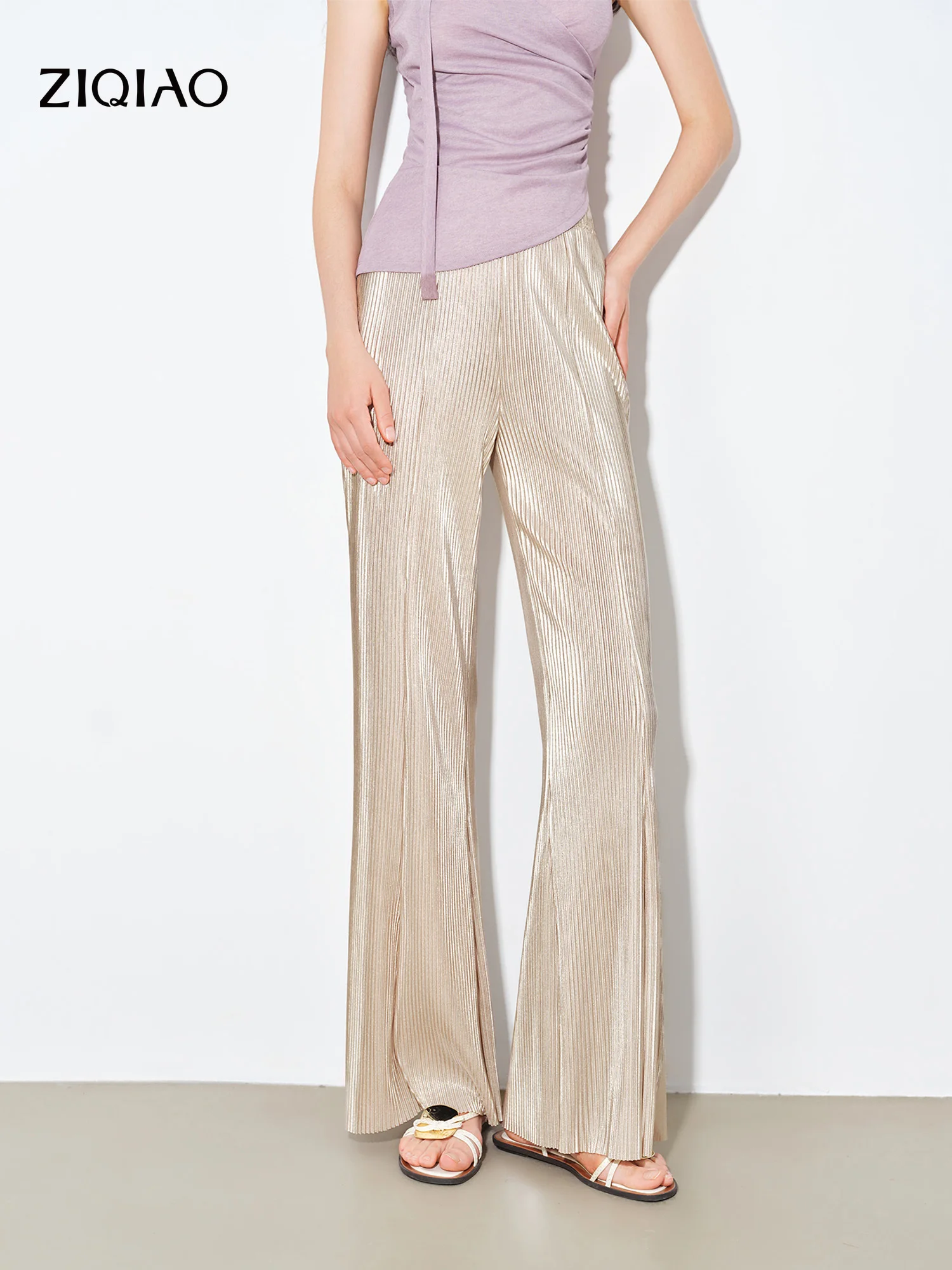 ZIQIAO 2026 Nuevos Pantalones Acampanados Texturizados de Verano para Mujer, Pantalones Plisados de Talle Medio Relajados para un Estilo Chic y Suave sin Esfuerzo en Verano