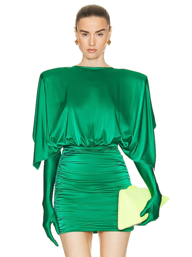 Sexy Deep V Neck Draped Flods Design Mini Dress Women Green Short Sleeve With Gloves Bodycon Dress Elegant Evening Club Party