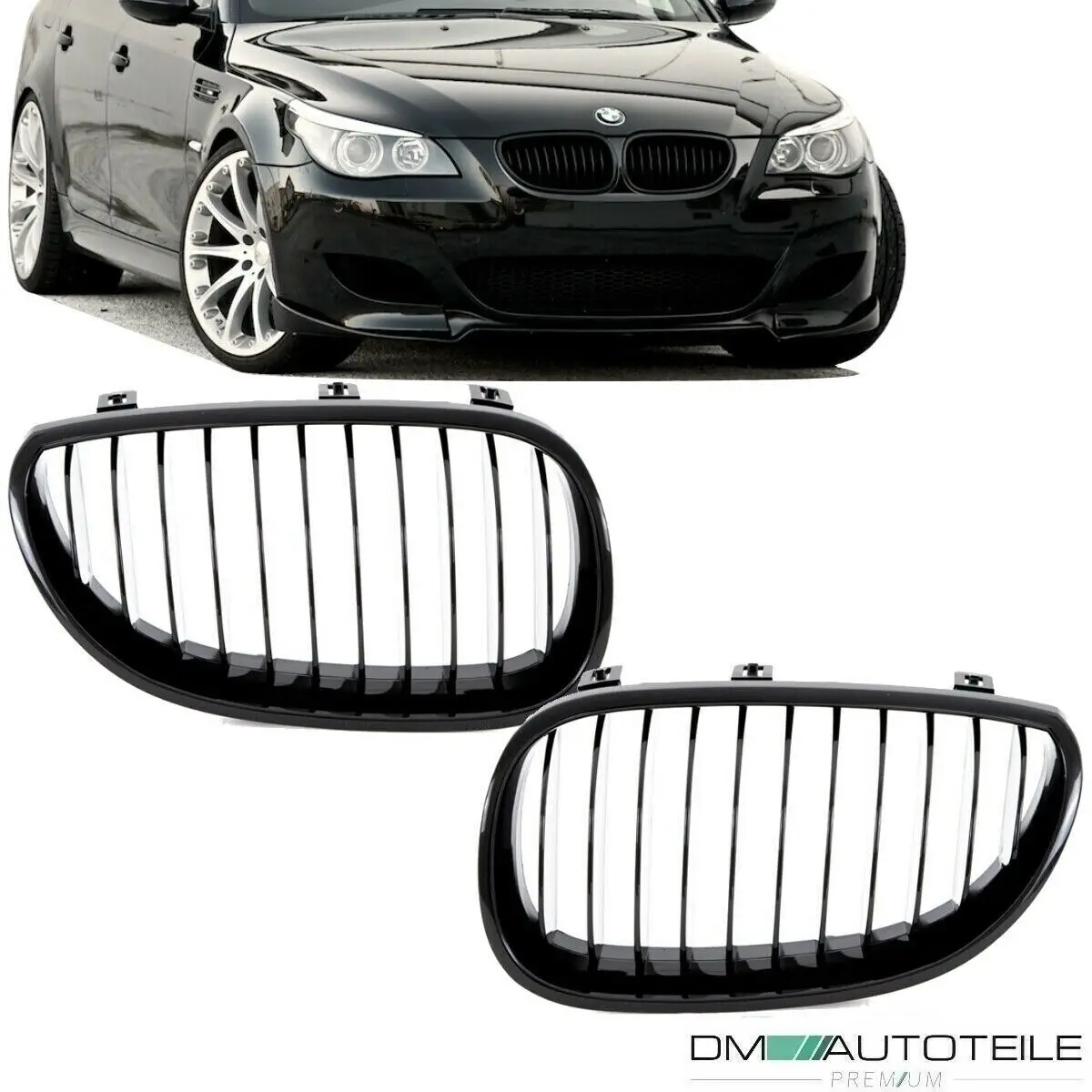 Front Hood Bumper Kidney Grille for BMW E60 E61 5 Series M5 525I Single Slat Grill Gloss Black Replacement Accessories 2003-2010