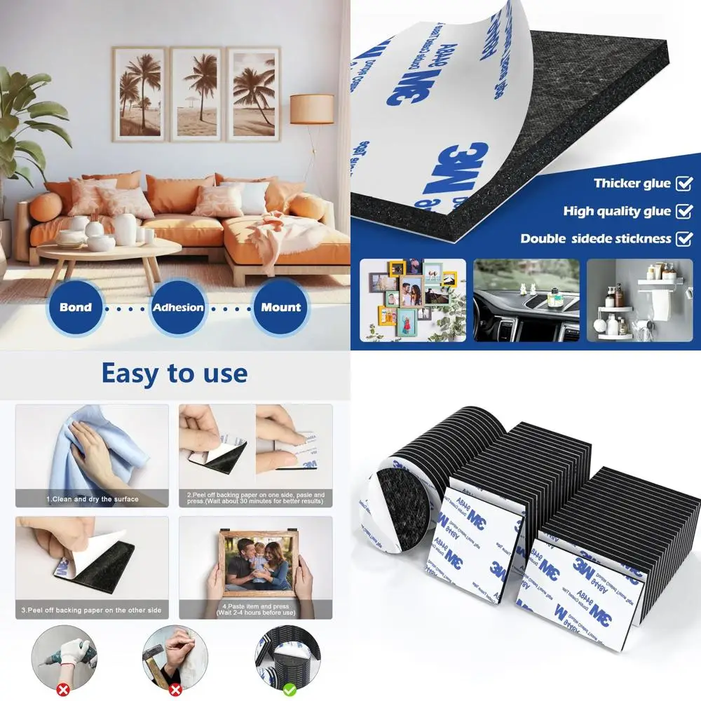 60個の高耐久両面粘着パッド - 壁、車、家の装飾用のフォームテープ |   残留物なし、防水マウンティングテープ付き