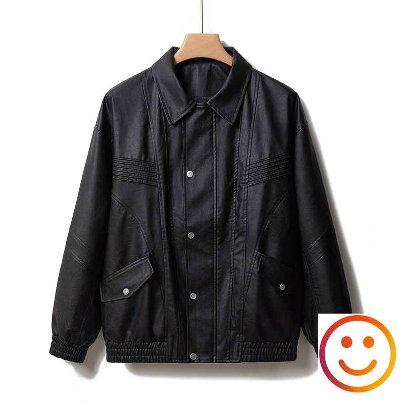 Tide Retro Lapel PU Leather Biker Casual Jacket Functional Wind Black Workwear Jacket Flap Pocket Metal Buckle for Men Women