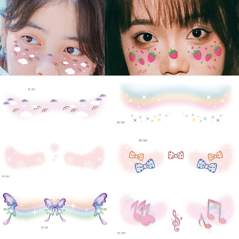 Waterproof Love Heart Face Tattoo Sticker Rainbow Snowflake Winter Flase Festive Flower Strawberry for Party Holiday