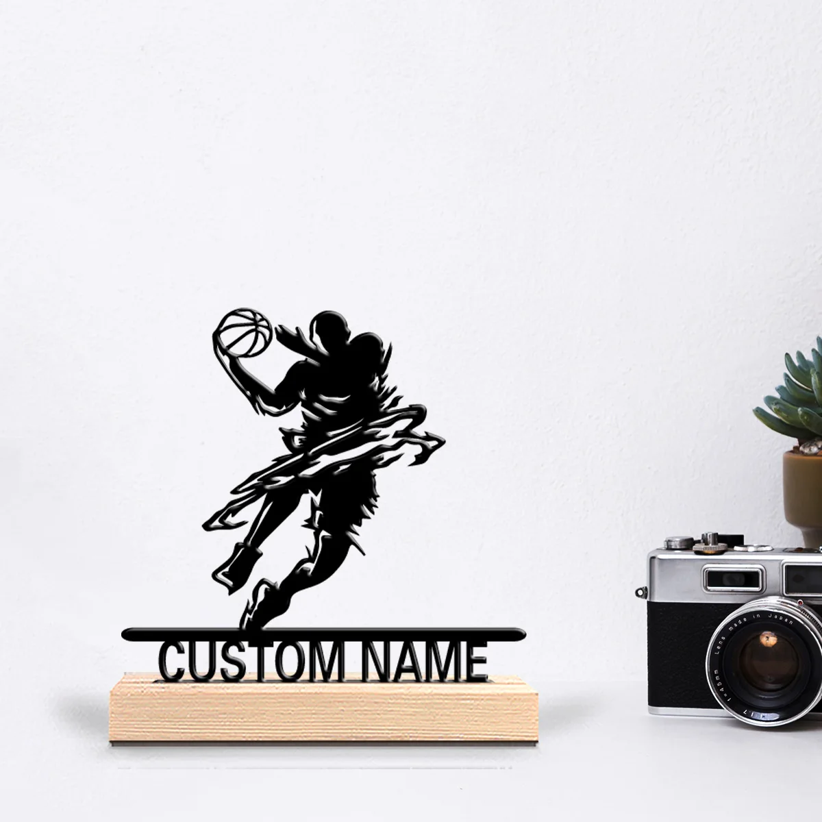 1pc basketball Customized Name Metal Statue Metal Ornament Handicraft With Wood Base Tin Sculpture For Office Room Decor