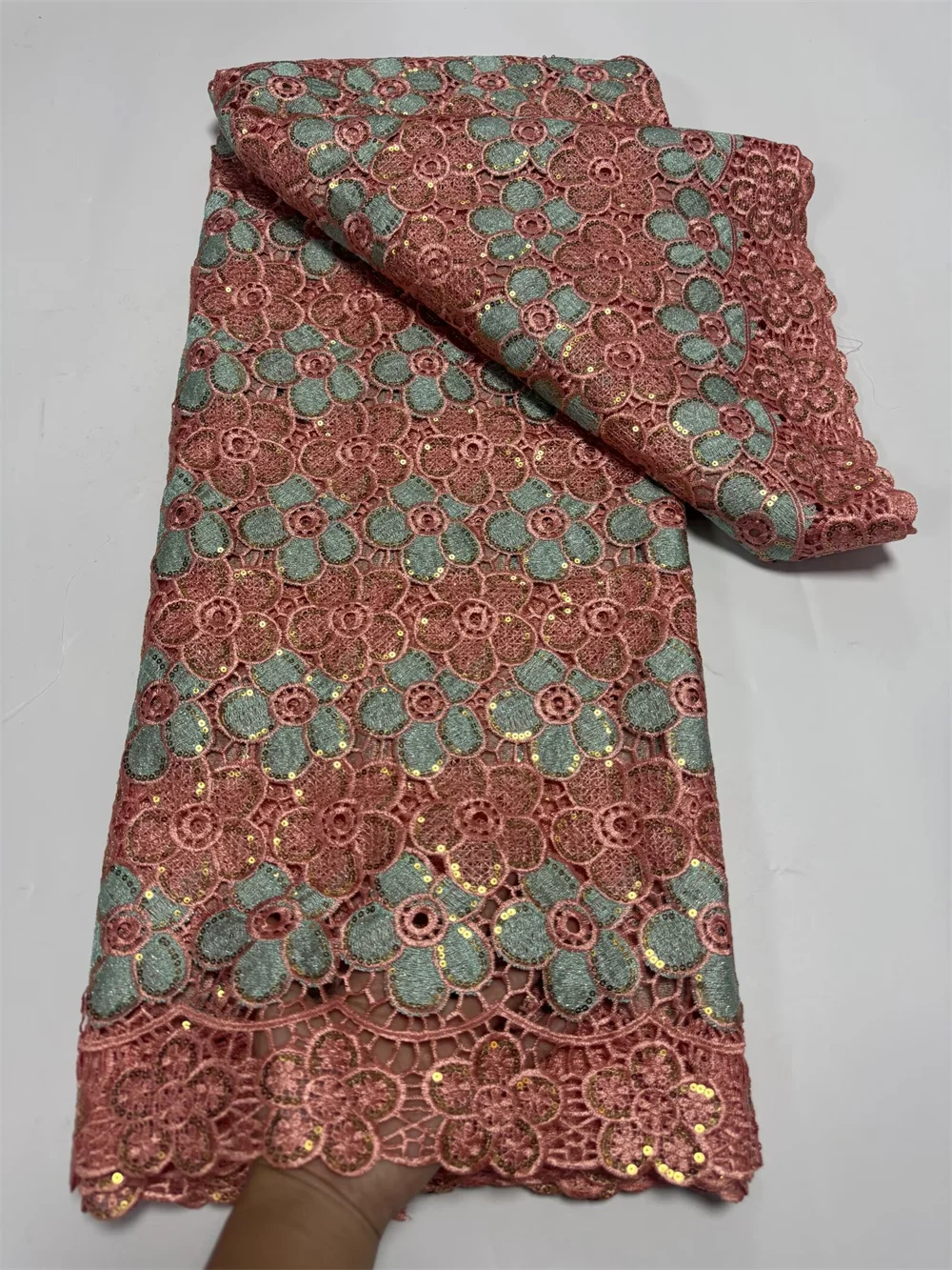 アフリカコードレース生地オレンジレースギピュール生地高品質レース 2025 女性のためのドレスブルー 5 ヤード