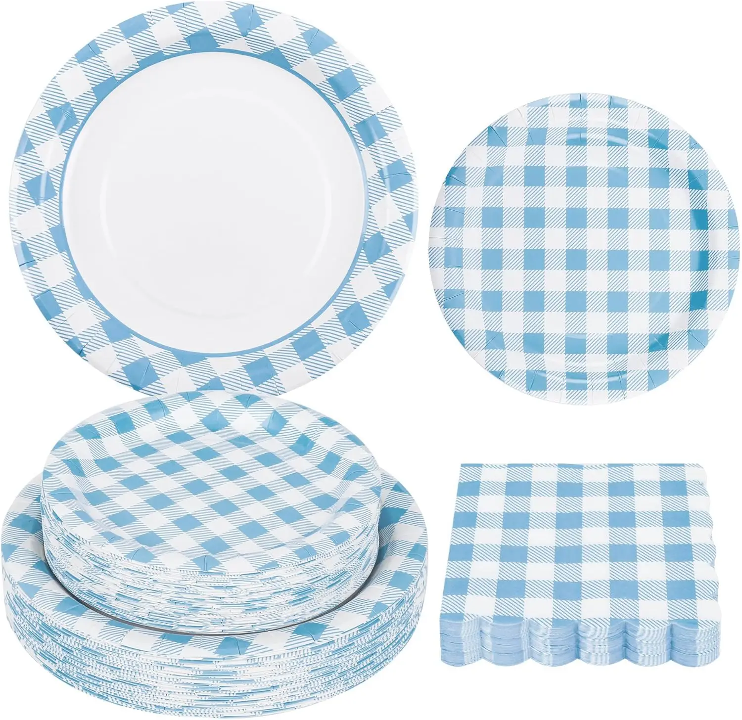 

150Pcs Light Blue Gingham Party Supplies Blue Gingham Paper Plates and Napkins Blue Plaid Plates Disposable Blue and Whi