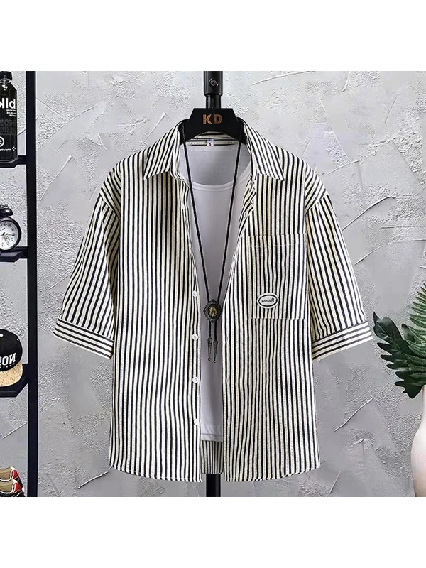 

Casual Striped Men's irt Summer Faionable Loose Trendy ort Sve PU Leather Stand Fit Cleanfit Polyester Fiber