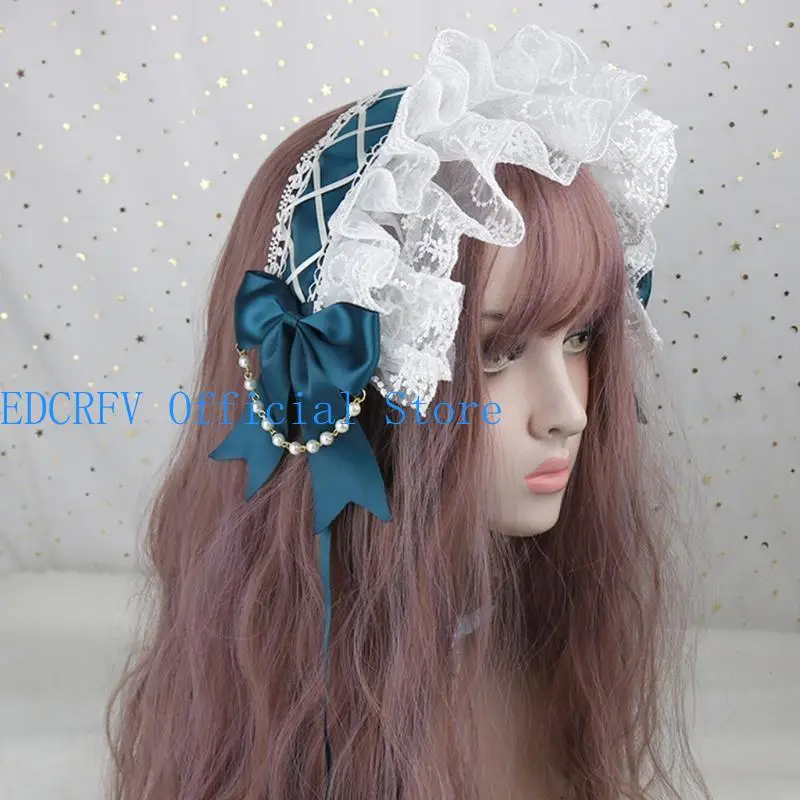 

652F Lovely Sweet Hairband Anime Maid Headbands Women Ruffled Lace Headwear Ribbon Bowknot Pearls Chain Hair Accessory