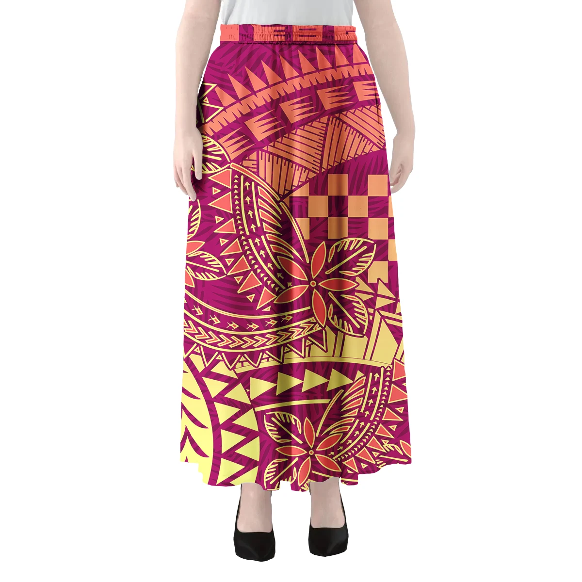 Floral Beautiful Long Maxi Elegant Pleated Skirt Women Dance Cute Sweet Elastic Waist Hawaii Polynesian A-line Skirts for Womans