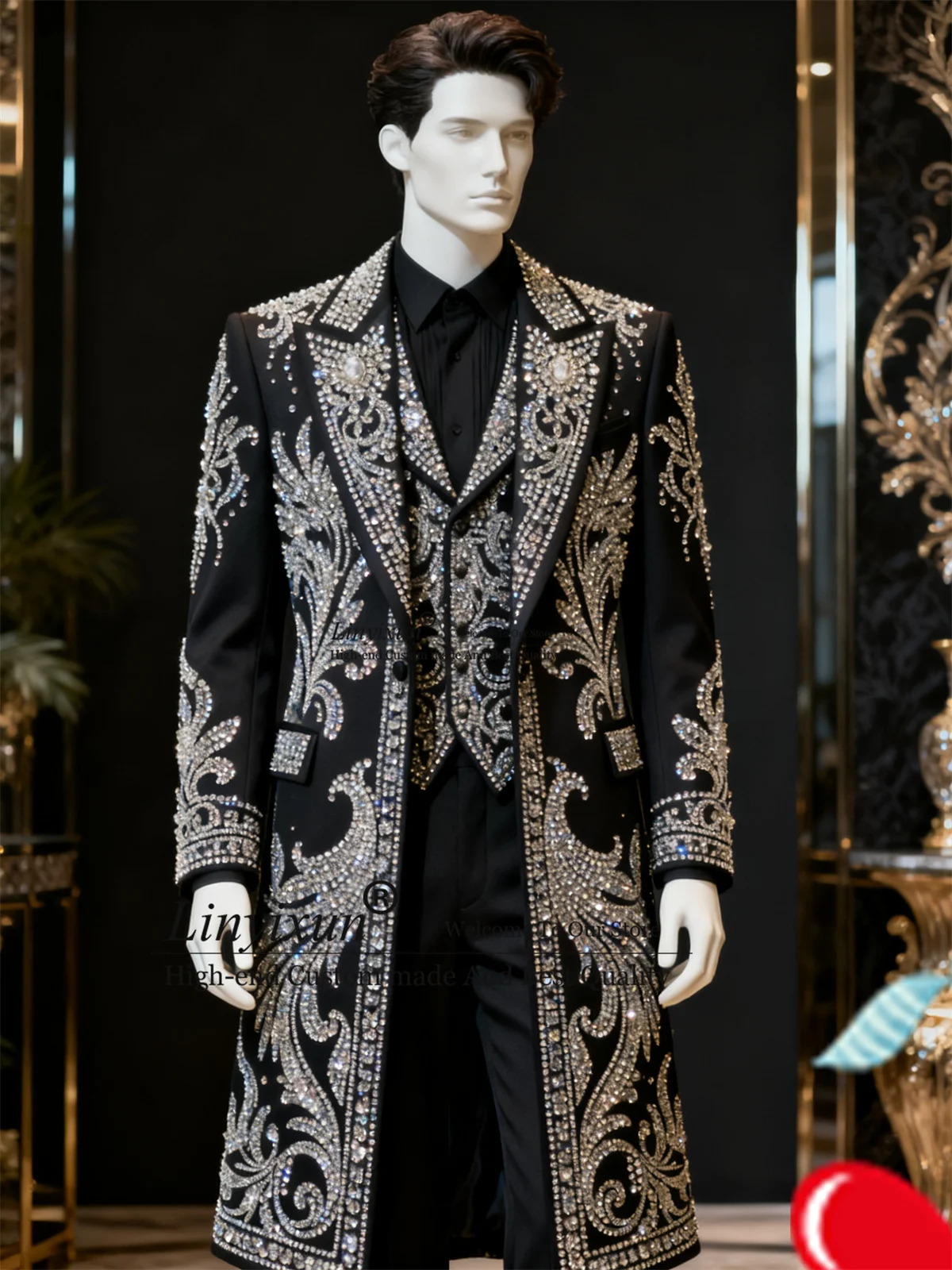 

Long Coat Pants Men Suits 3 Pieces Sets Groom Male Blazers High End Rhinestones Ropa hombre Slim Fit Customized Wedding Tuxedos