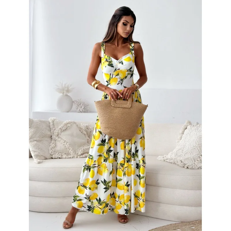 2025 Summer Maxi Dresses For Women Lemon Strap Fruit Print Strap Vacation Sress Robe Elegant Dresses For Women Robe Longue Femme