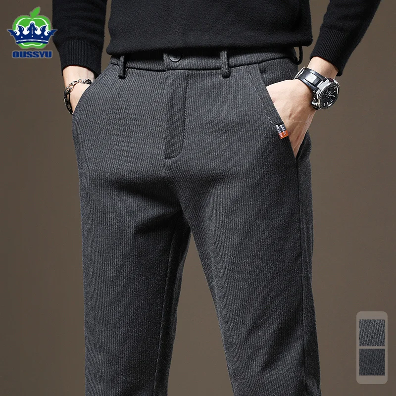 

High Quality Pinstripe Casual Pants Men Cotton Stretch Fashion Business Black Gray Autumn Winter Thick Trousers Plus Size 28-38