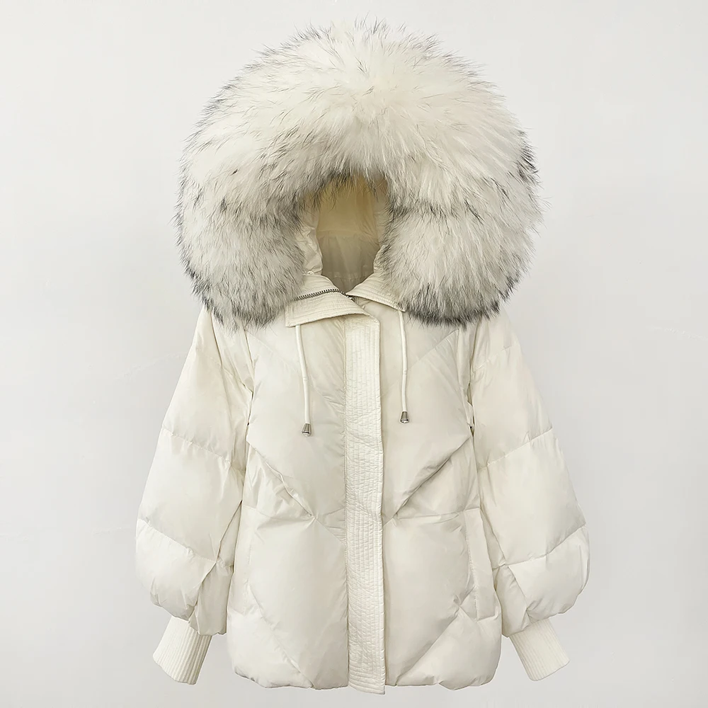 MENINA Addensare Caldo Cappotto con maniche lavorate a maglia Piumino d'anatra bianco Parka medio lungo 2025 Nuovo inverno Grande piumino con cappuccio in vera pelliccia da donna