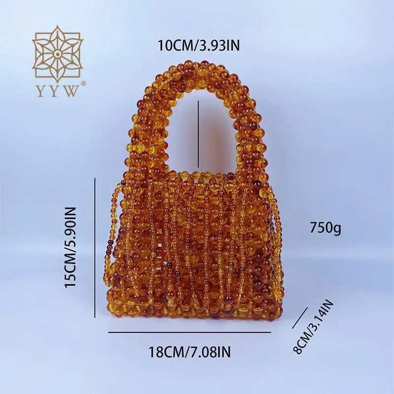 Vintage Amber Acrylic Handmade Beaded Woven Tassels Bag Mini Hollow Pearl Top Handle Purse Elegant Designer Lady Evening Handbag