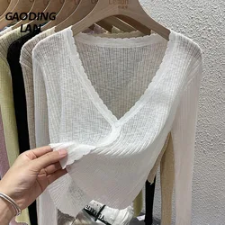 GAODINGLAN Temperament Solid Cardigan Jacket Women Thin Sunscreen Shirt Ice Silk Air-conditioned Tops Female Sexy Crop Coats