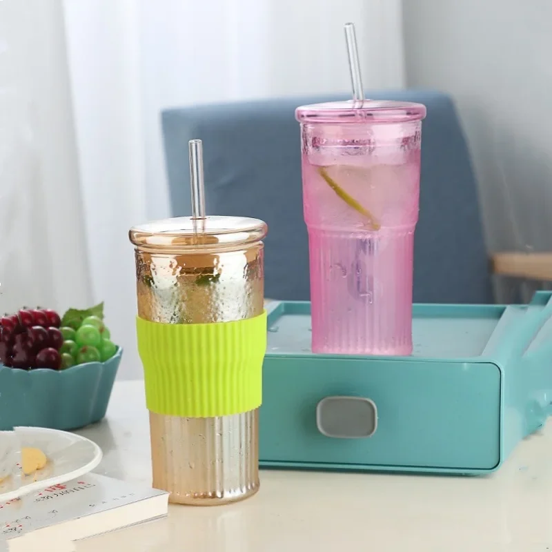 600ML Glass Cup Milk Coffee Cup with Lid And Straw Transparent Stripe Water  Mug Drinking Glasses Juice Tea Cup Drinkware