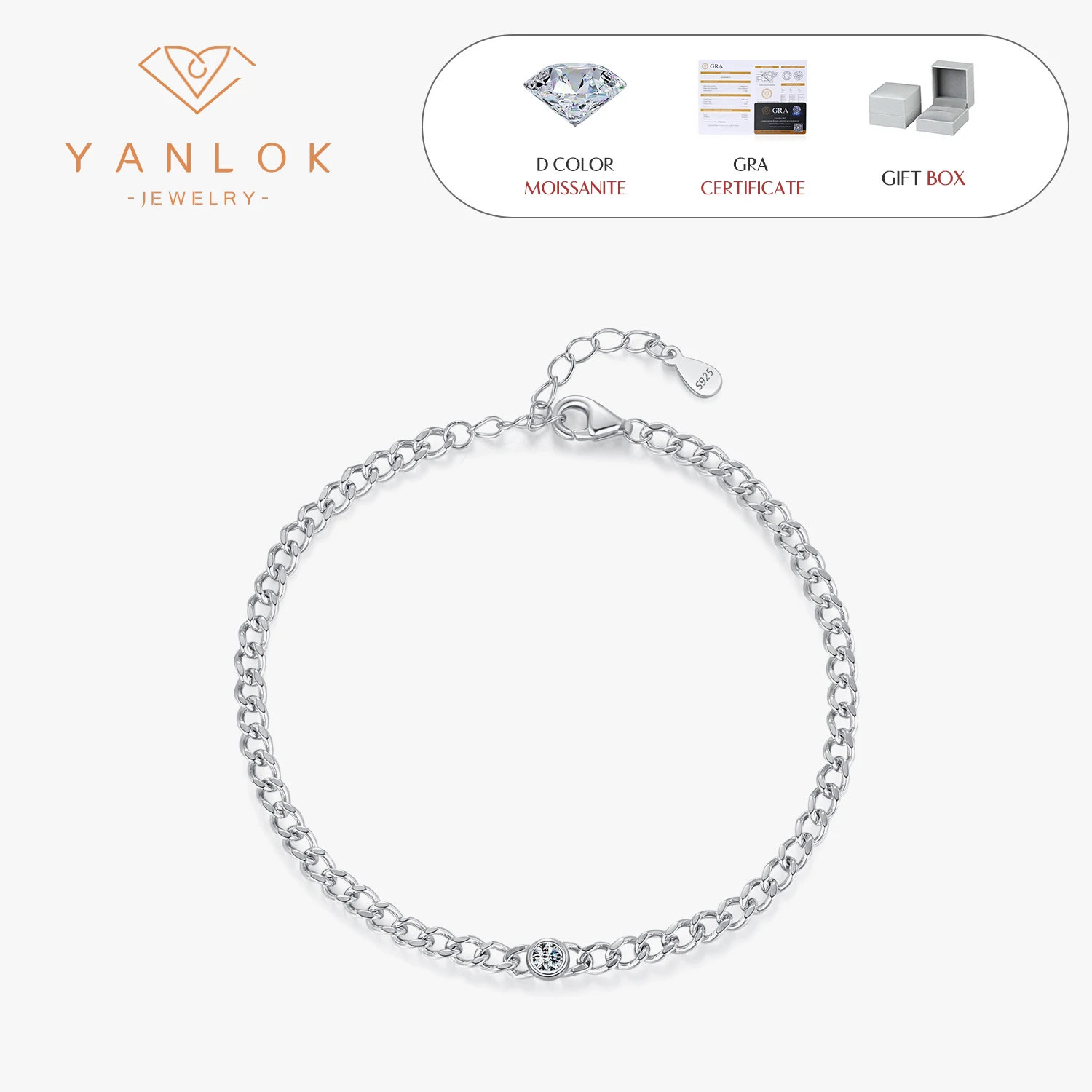 

YANLOK 925 Sterling Silver Dazzling D Color VVS1 Moissanite Bracelets For Women Classic Office Link Chain Bracelets Fine Jewelry