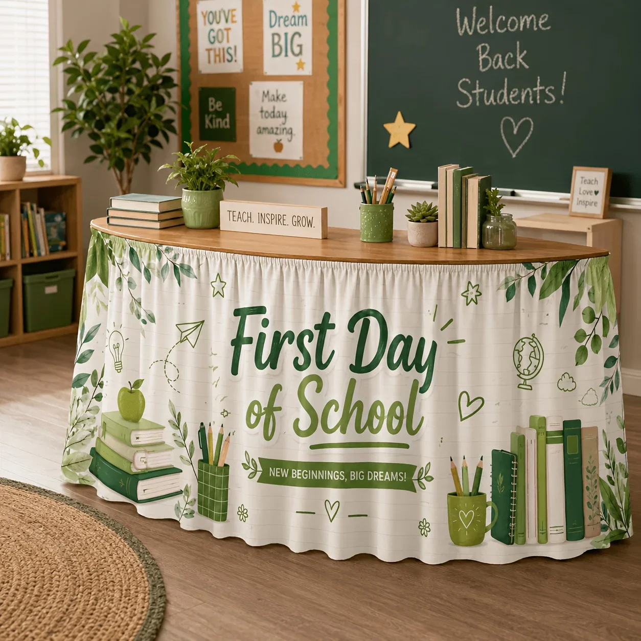 Green plant themed tablecloth for the first day back to school, suitable for classroom welcome decorationxzj
