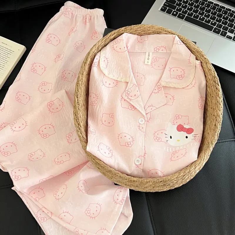 

New Hello Kitty Women Pajamas Spring Autumn Set Sanrio Comfort Lapel Long Sleeves Long Pants Leisure Loose Sweet Girl Pajamas