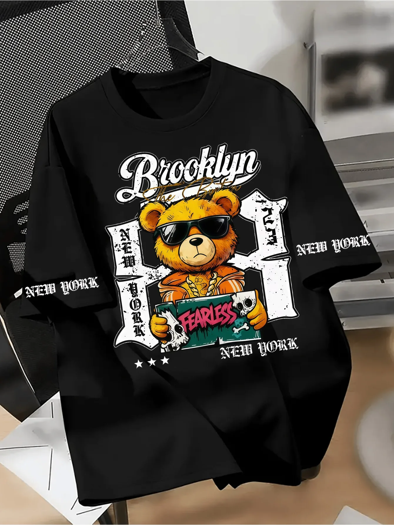 European and American men's summer Brooklyn bear print comfortable and breathable round neck T-shirt outdoor street top