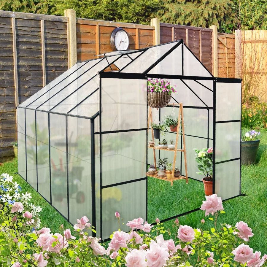 

8x10FT Double Door Polycarbonate Greenhouse Raised Base and Anchor Aluminum Heavy Duty Walkin Greenhouses for Outdoor Backyard