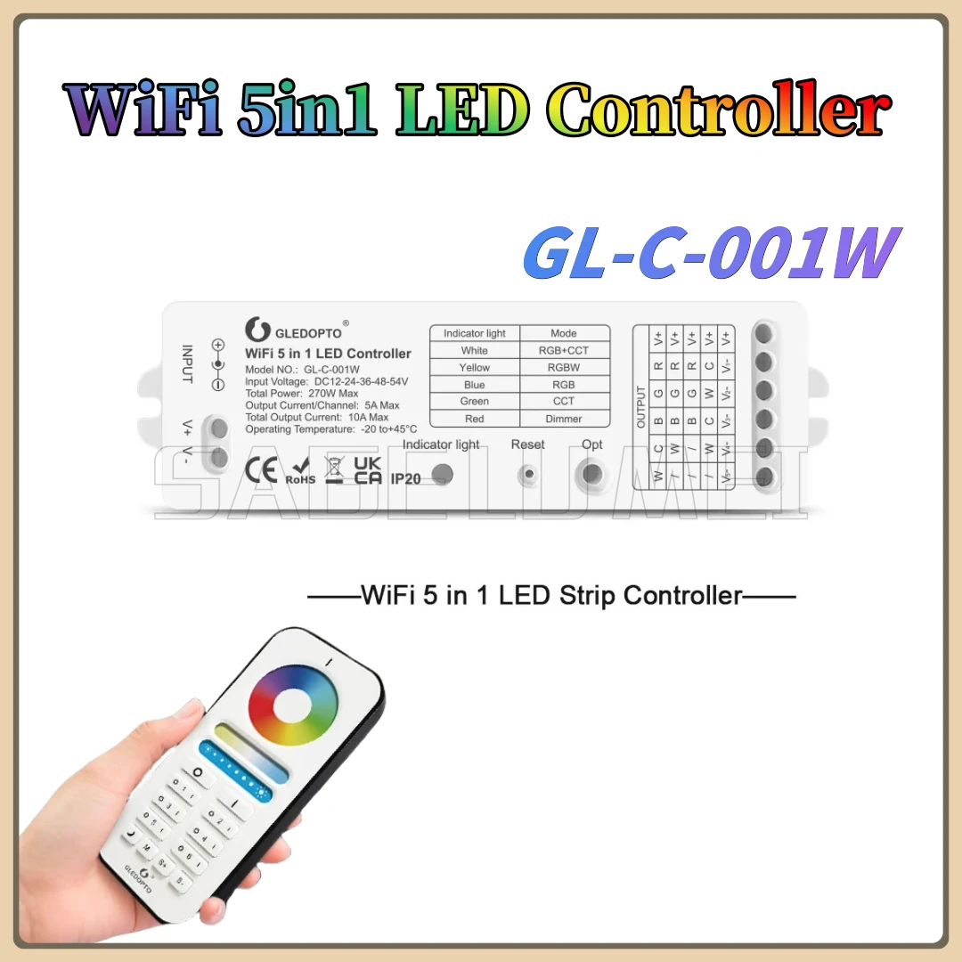 

Gledopto GL-C-001W Strip Light RGB+CCT Work with Tuya Smart Life App Control Yandex Alice WiFi 5in1 LED Controller Alexa Voice