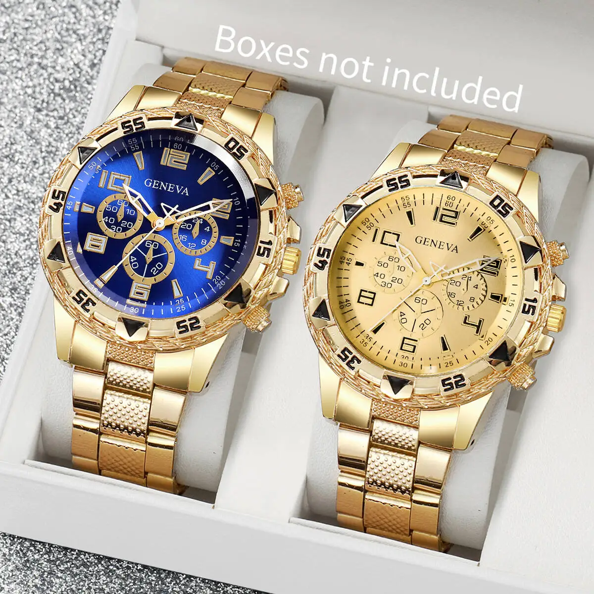 2PCS Large dial men's steel strap watch, fashionable business white light glass digital quartz watch