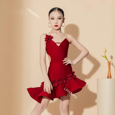 소녀를위한 댄스웨어 드레스 서정적 인 라틴 아메리카 소녀 의상 삼바 댄스웨어 볼룸 댄스 탑 스커트 경쟁