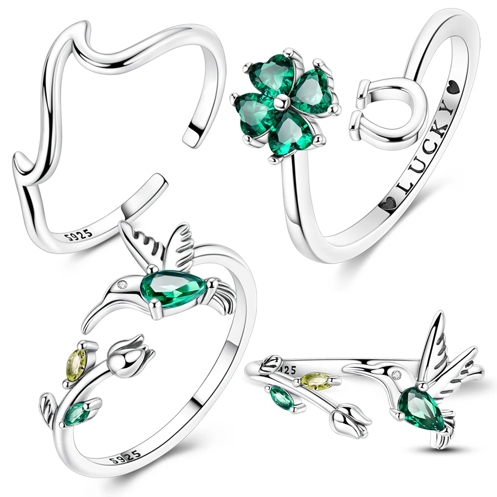 Green Zircon 925 Sterling Silver Tulip Hummingbird&Clover Horseshoe&Wave Opening Ring Ladies' Elegant and Fashionable Jewelry