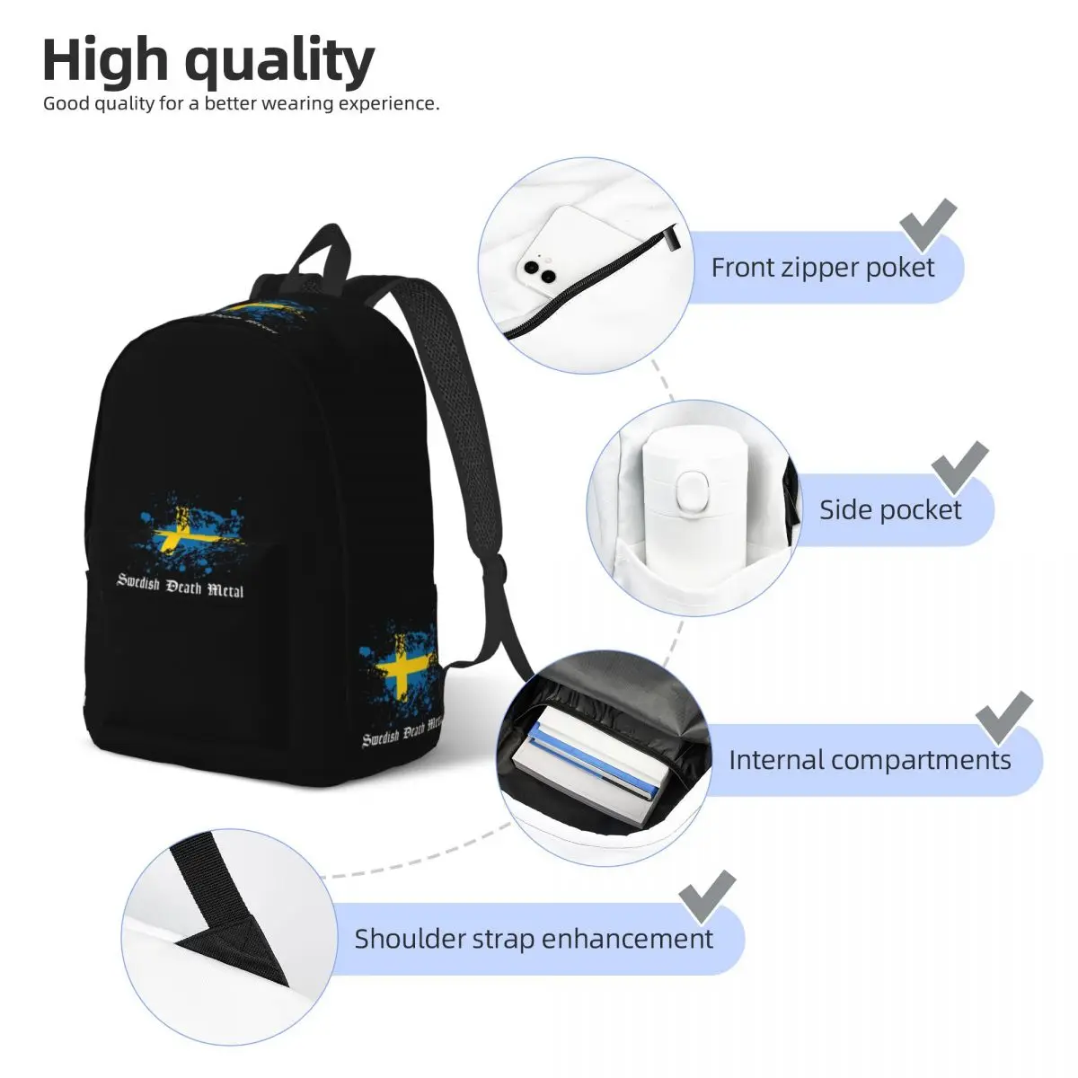 Swedish Death Metal Band Black Heavy Sweden Flag Student Backpack School Bag Hiking Travel Daypack for  Shoulder Bags