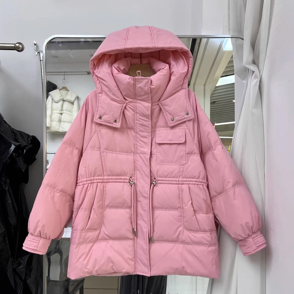 

Down Jacket Mid Long Street Fashion Slim Fit New Autumn Winter Women Hooded White Duck Feather Coat Warm Outwear Thick Coat 2025