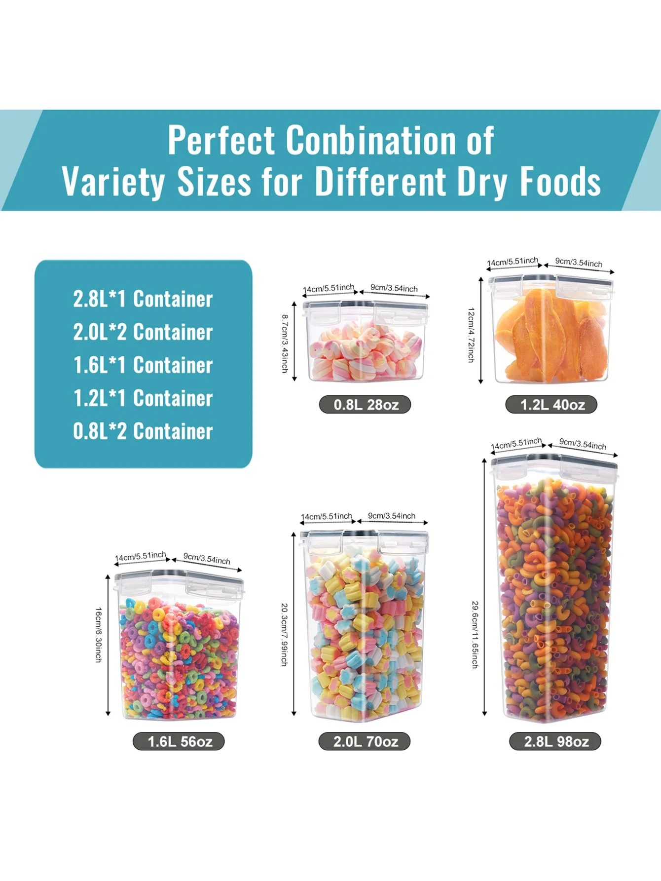 7개의 밀폐 식품 보관 용기 세트 (주방 팬트리 정리 및 보관용 플라스틱 용기, 뚜껑 및 라벨 포함)