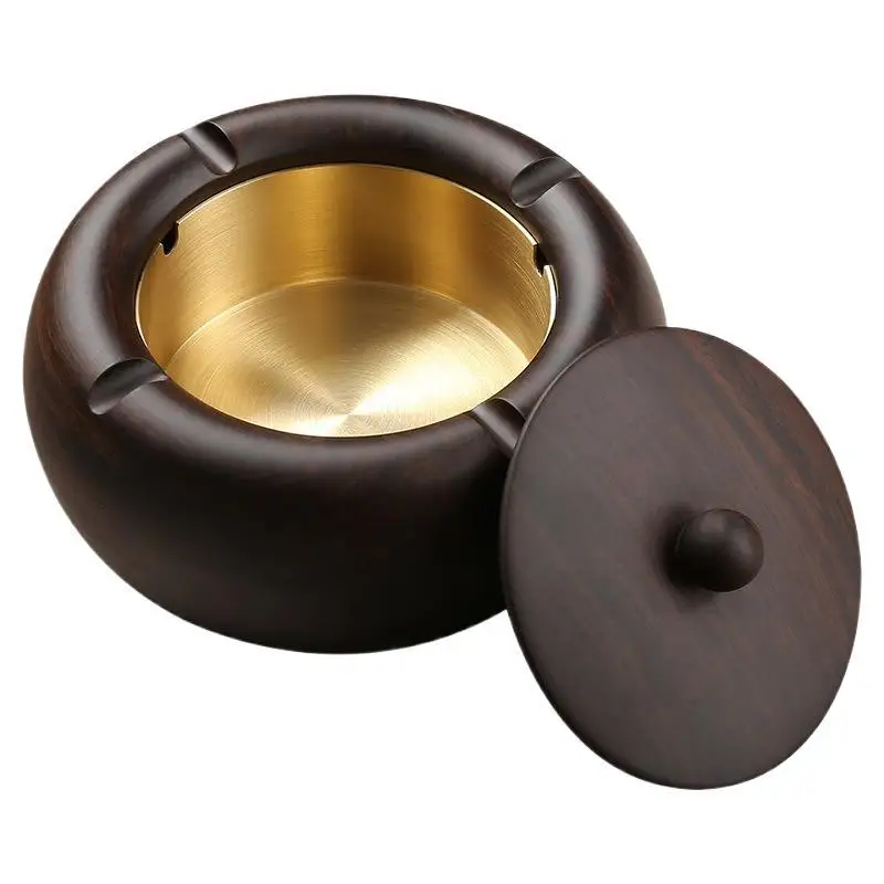 

Ashtray Living room Household ebony solid wood with cover, anti-fly ash Chinese metal copper ashtray