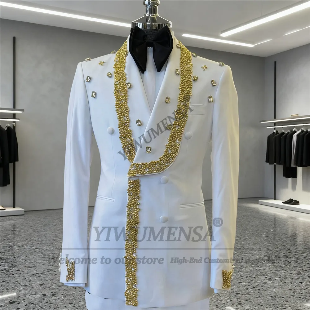 الذهب اللؤلؤ مطرز الدعاوى الرجال لحفل الزفاف 2 قطعة مجموعات مزدوجة الصدر سترة السراويل مخصصة العريس البدلات الرسمية trajes الفقرة hombre