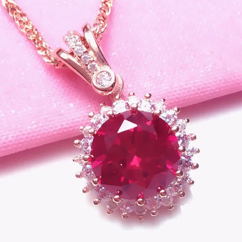 

585 Purple Gold Ruby Flower Necklace 14K Rose Gold Shiny Luxury Fashion Pendant Ladies Wedding Jewelry for Girlfriend