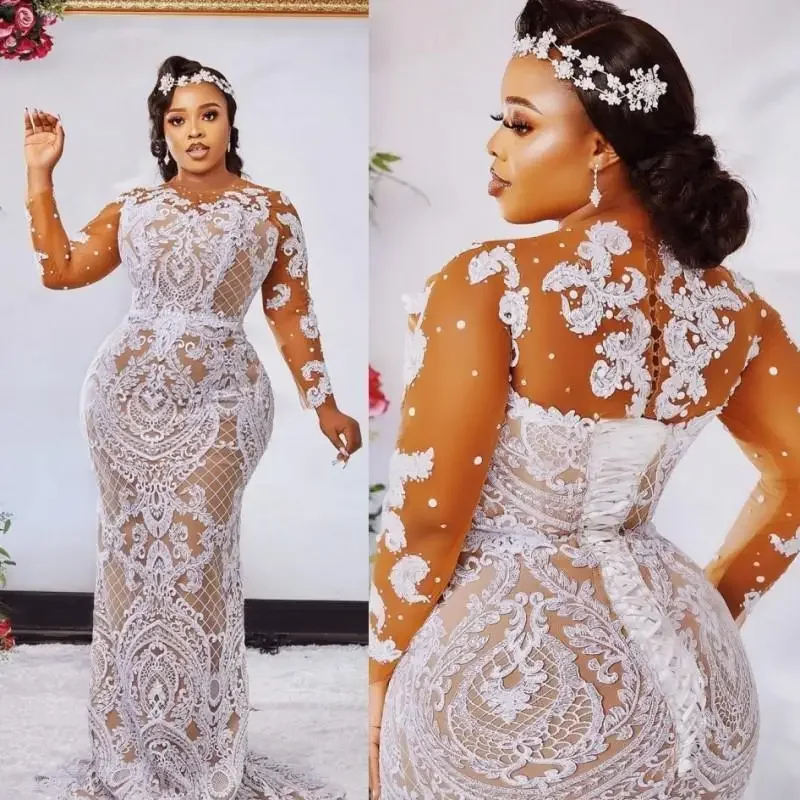 

Customized Fashion Plus Size Mermaid Lace Wedding Dresses Sheer Bateau Neck Long Sleeves Beaded Bridal Gowns Sweep Train Robe De