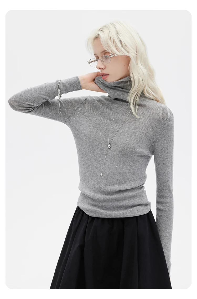 Maglione da donna nuovo primavera e autunno, maglione a collo alto da pendolarismo alla moda slim fit con paillettes grigio chiaro
