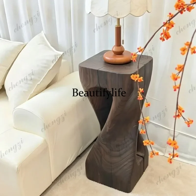 A52 All solid wood carbonized log stool wabi-sabi wind pier hollow decorative flower stand coffee table