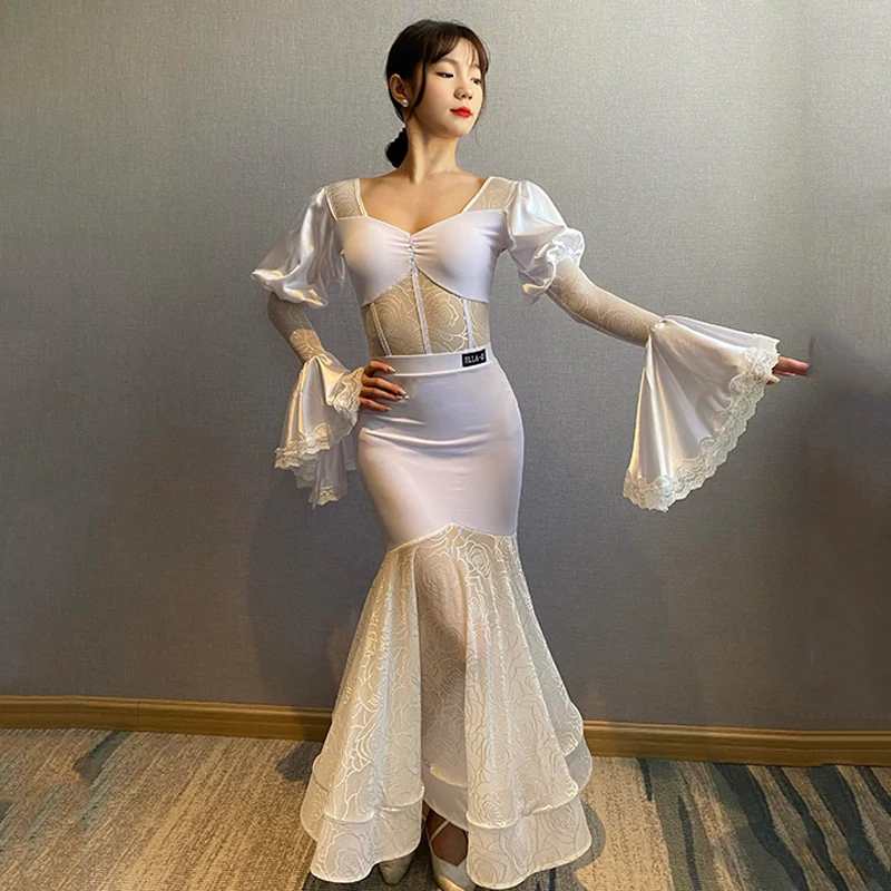 2024 Ballroom Dance Dress Women Puff Sleeves Black White Lace Tops Skirt Prom Waltz Dance Clothes Performance Costume BL12274