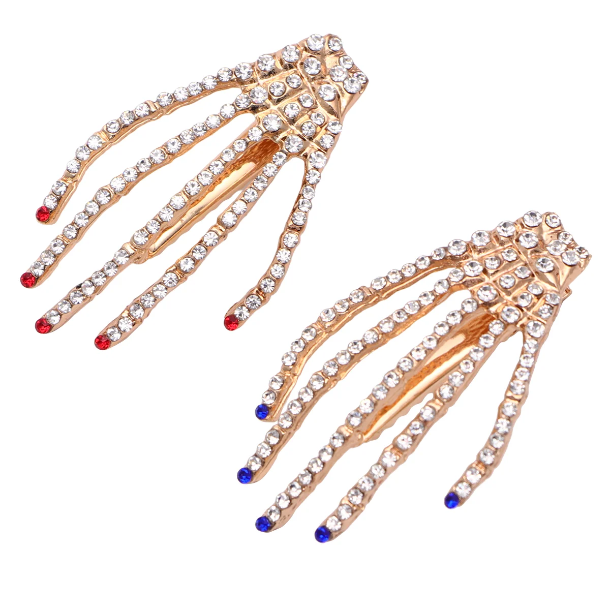 2Pcs Hair Clip Punk Hair Clip Bone Hand Style Clip Hairpin Headwear Halloween Decoration Accessories (Red+Blue)