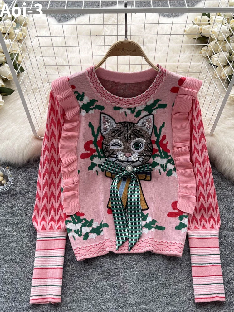 American Vintage Harajuku Sweater Women's Autumn Winter New Diamonds Cat Bow Embroidery Cartoon Pullover Fashion Commuter Top