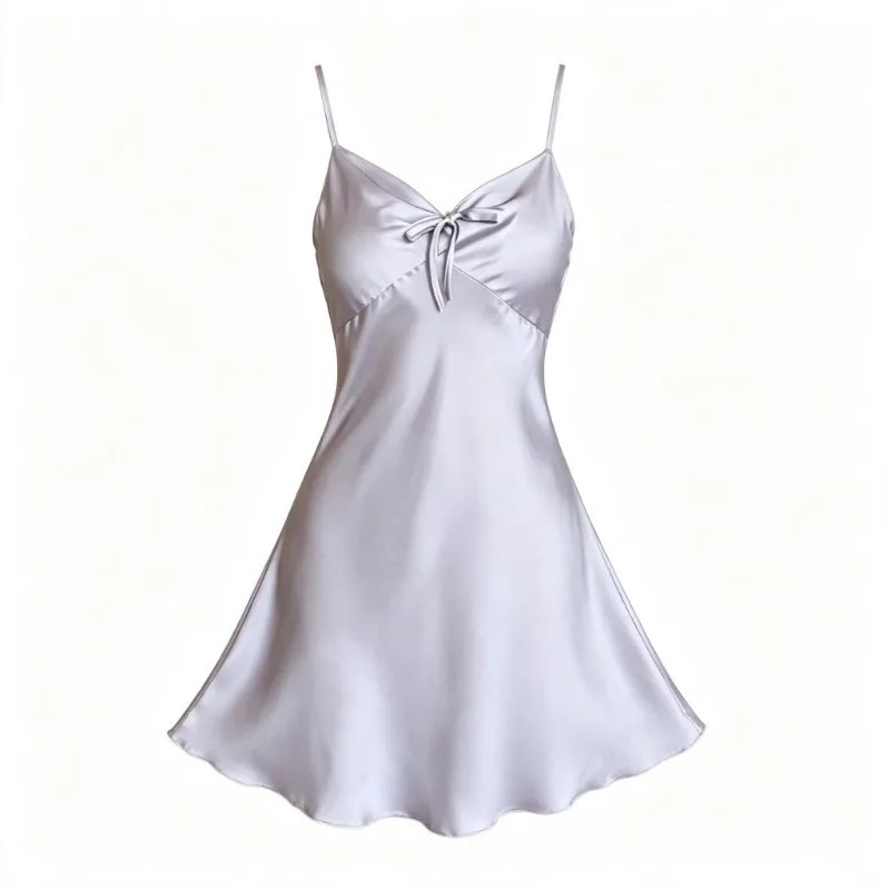 Women Summer V-Neck Slip Nightgown Spaghetti Strap Bow Decor Sleep Dress Solid Color Lounge Homewear Comfy Sleepwear Nightgown