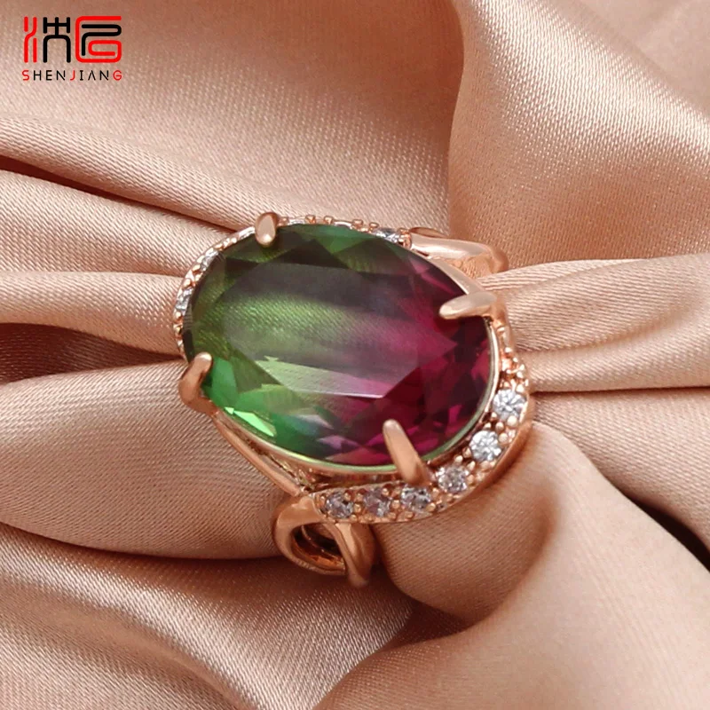 SHENJIANG New Fashion 585 Rose Gold Color Egg Shape Oval Imitation Tourmaline Rings For Women Wedding Party Trendy Jewelry