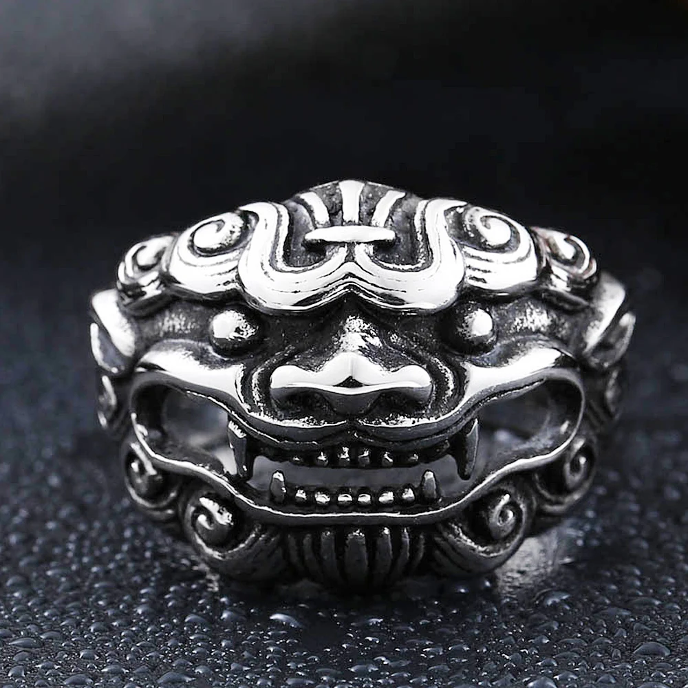 Retro Chinese Style God Beast Kirin Ring for Men Amulet Punk Hip Hop Animal Stainless Steel Biker Ring Jewelry Creative Gift