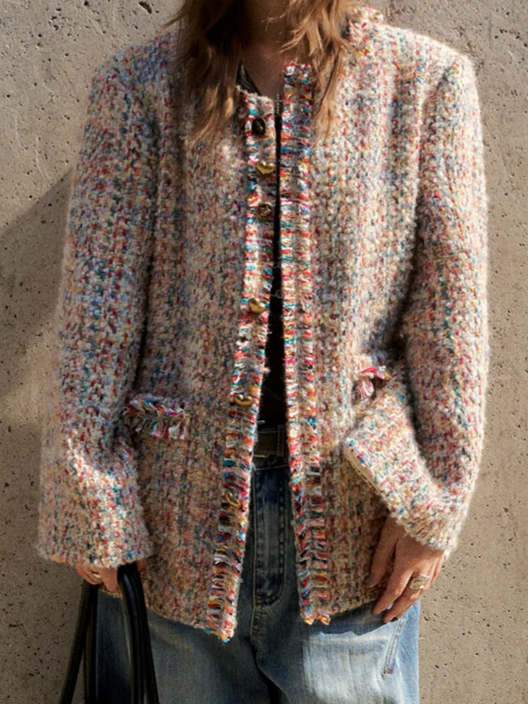 French Female Single Breasted Jacket Mixed Color Ladies Round Neck Loose Coat Fashion Long Sleeves Pockets Thick Outwear