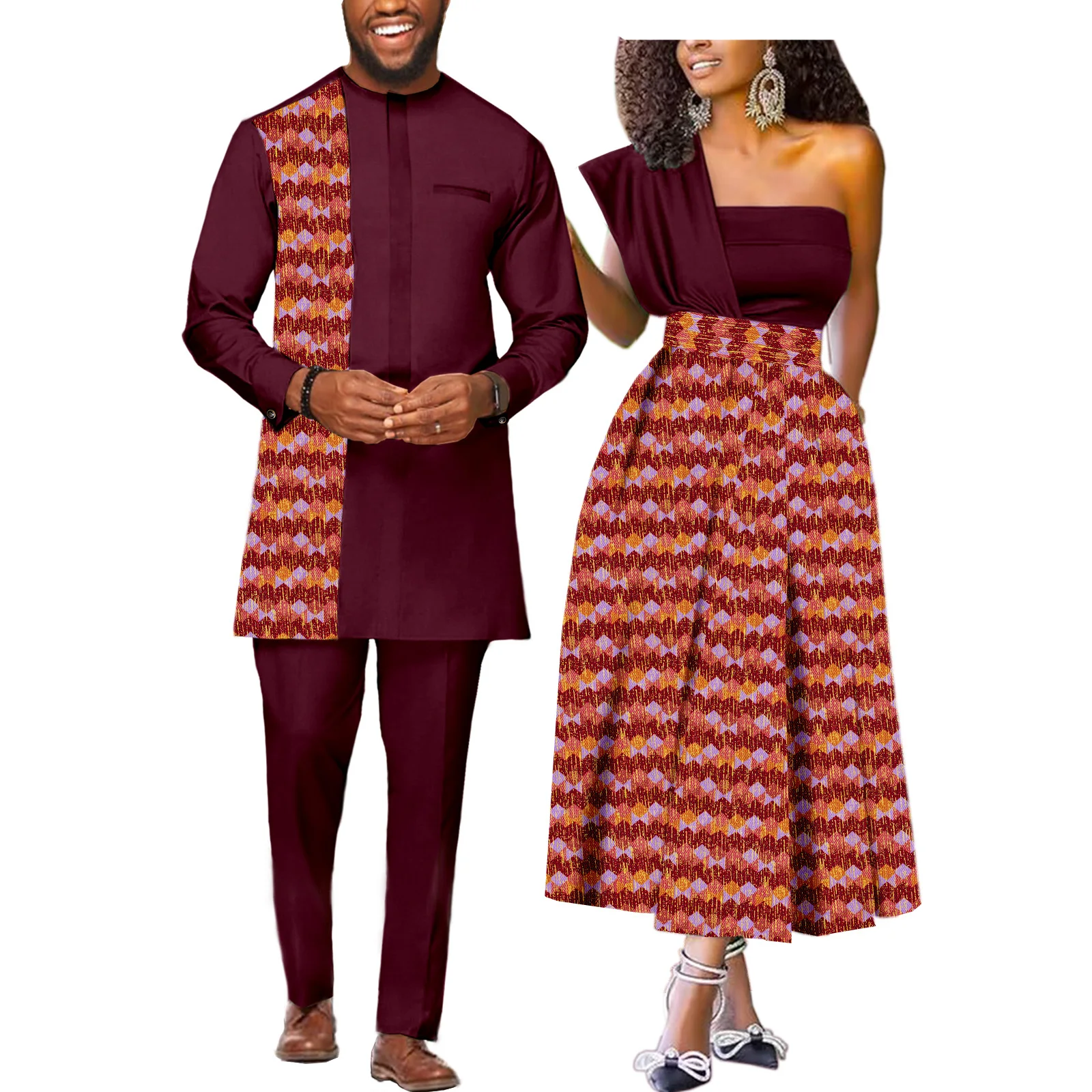 African Couple Matching Clothes for Mens & Women Wedding Dashiki Suits Top Pants Outfit Ankara Print Party Dresses Strapless