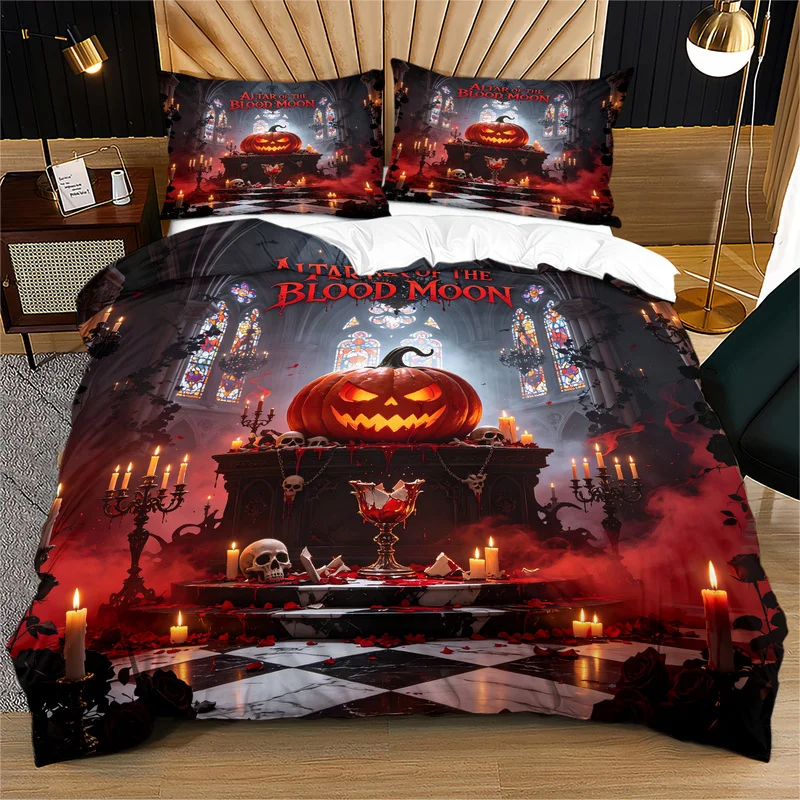 2/3Pcs Halloween Microfiber Duvet Cover Set,Ultra-Soft,Breathable,Multi-Sizes,Skin-Friendly,Gothic Spooky Castle Pumpkin Pattern