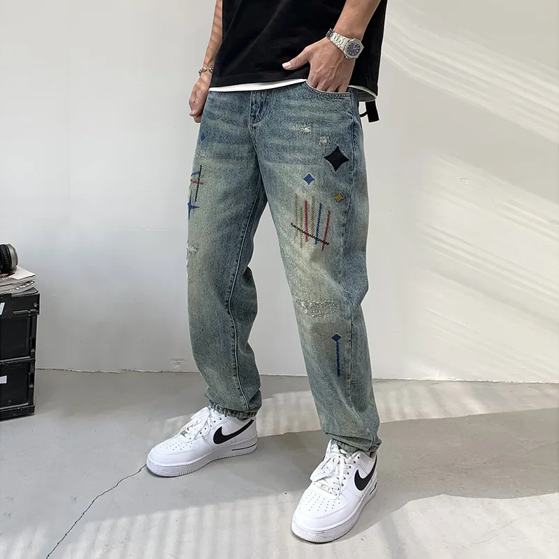 

Retro Faded American Vibe Men's Loose Straight Leg Jeans Cross Design Wide Leg Long Trousers Vintage Sle Youth Faion